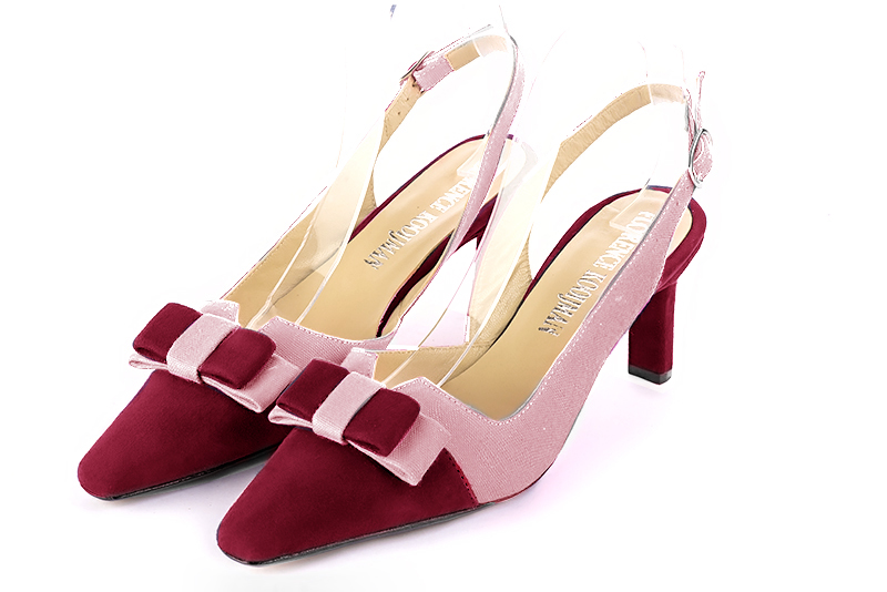 Burgundy red and dusty rose pink women's open back shoes, with a knot. Tapered toe. Medium slim heel. Front view - Florence KOOIJMAN